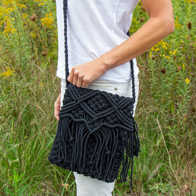 Handmade Boho Macrame Shoulder Bag, Black with Fringe