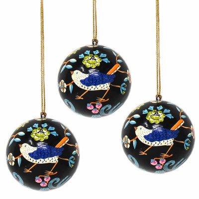 Handpainted Ornaments Birds and Flowers, Black, Set of 3