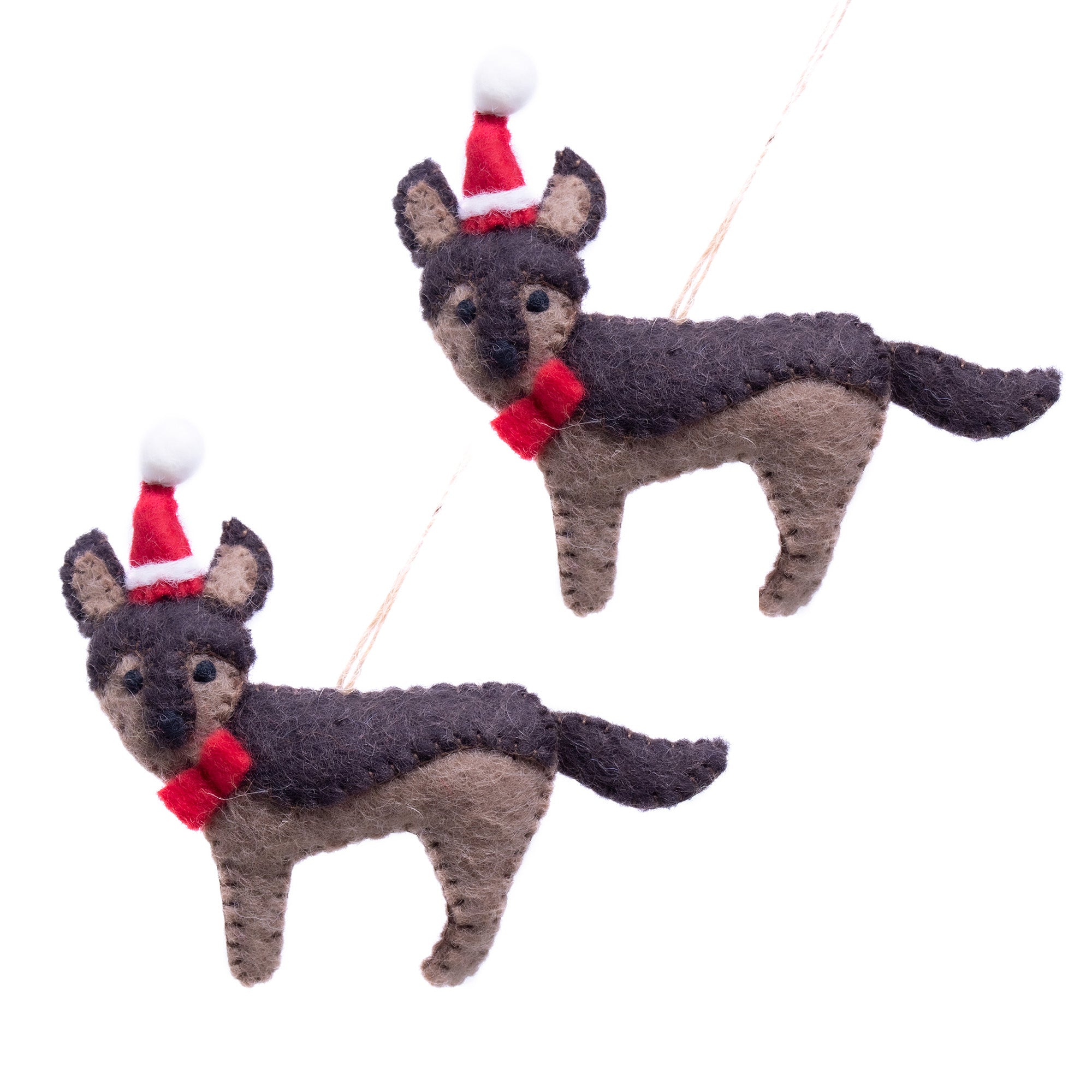 German Shepherd Santa Dog Handmade Felt Ornaments, Set of 2