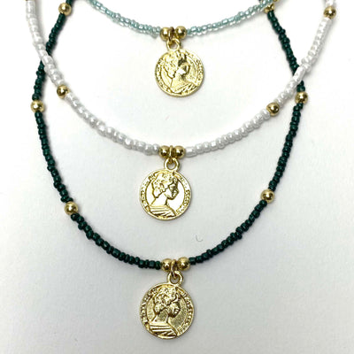 Dark Green Glass Bead Choker with Brass Coin Pendant