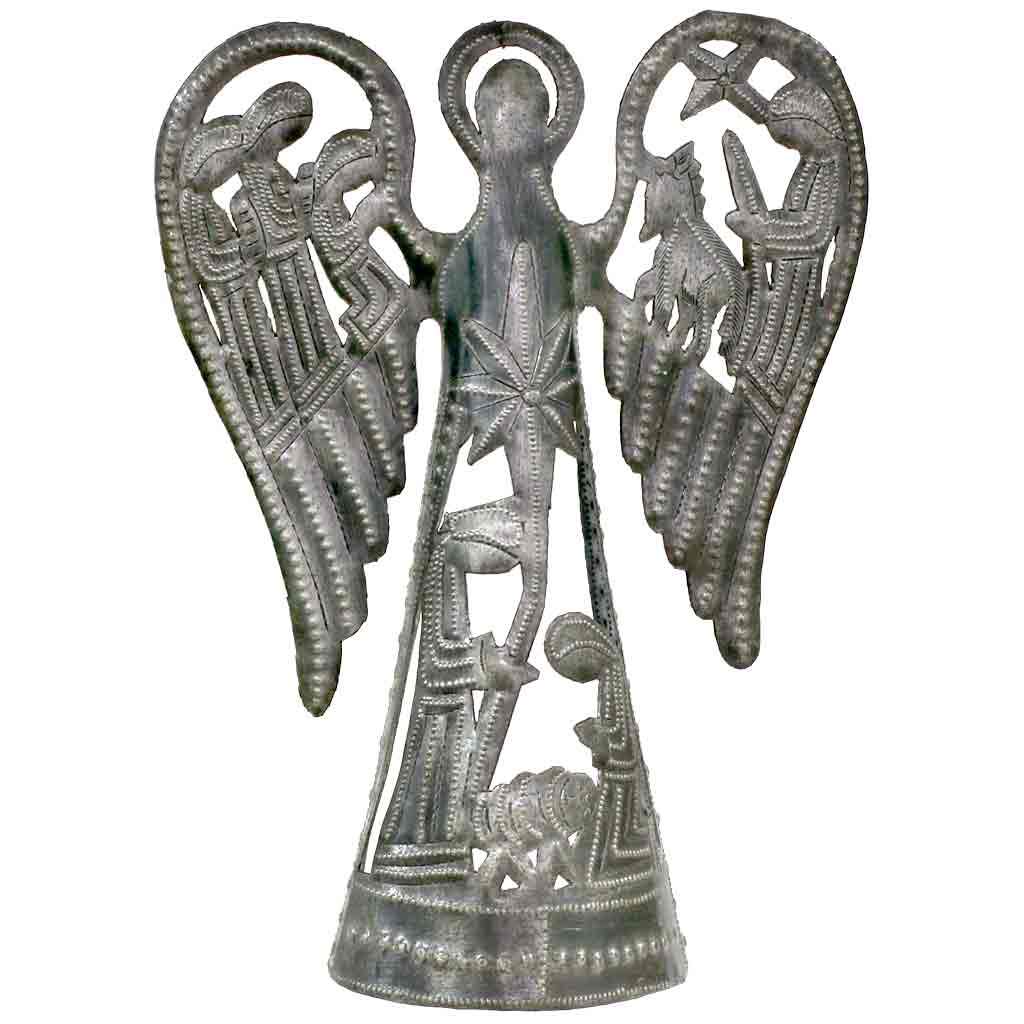 Nativity with Angel Haitian Steel Drum Sculpture - Tree Topper, 12" Tall