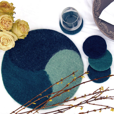Handmade Felt Paisley Charger, Trivet & Coaster Gift Set in Tidepool Blue