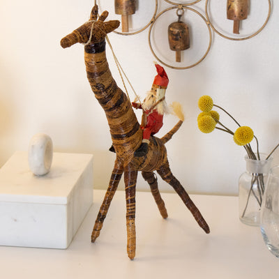 Banana Fiber Santa Riding Giraffe Safari Animal Sculpture