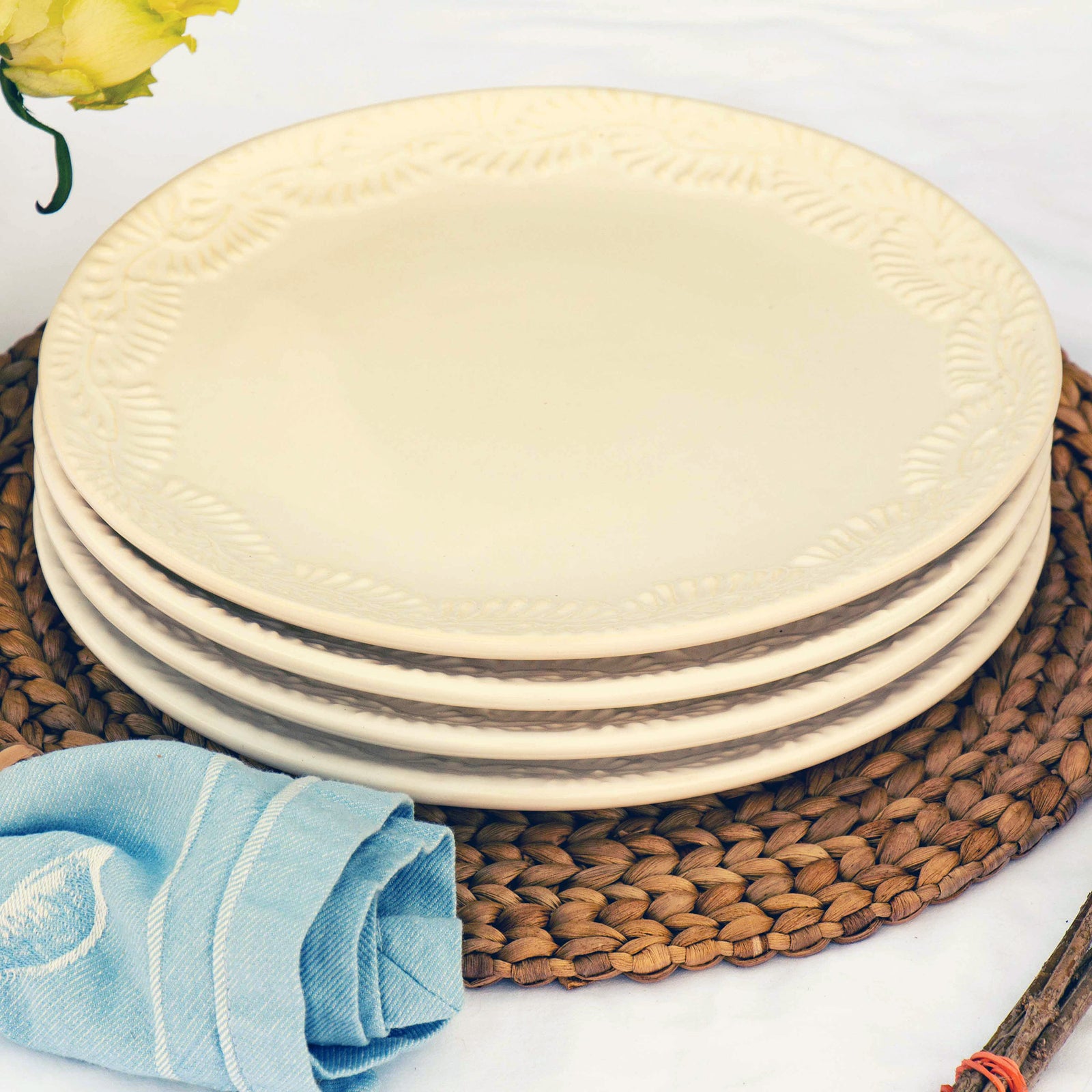 Encantada Handmade Mexican Pottery Set of 4 Dinner Plates, Blanco