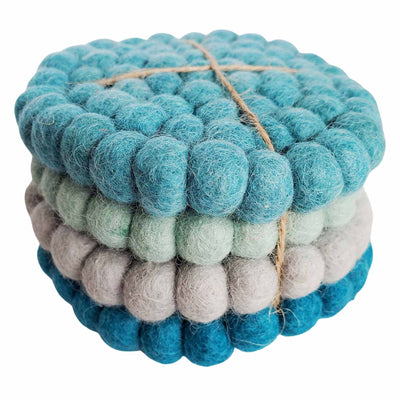 Teal Tonal Felt Ball Coasters, Set of 4