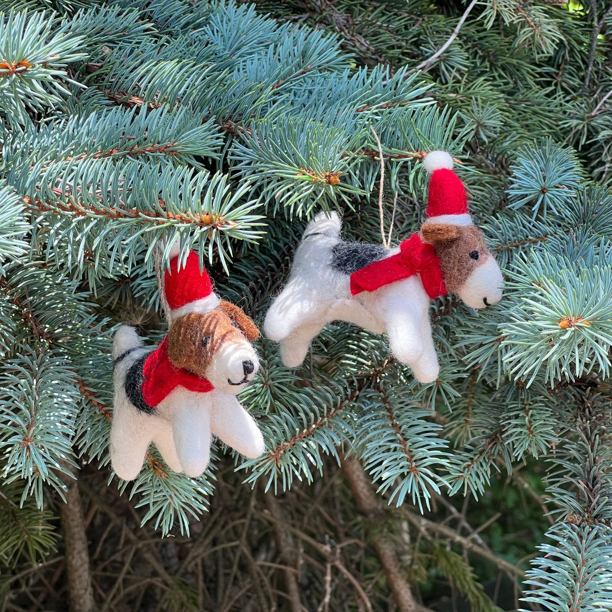 Christmas Beagle in Santa Hat Handmade Felt Ornaments, Set of 2