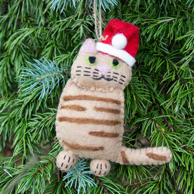 Handcrafted Felt Ginger Tabby Santa Cat Felt Ornament