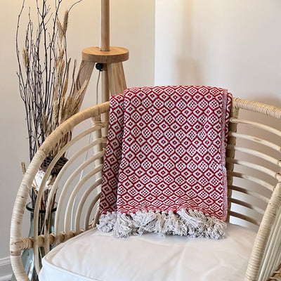 Recycled Cotton Decorative Throw Blanket with Tassels, Red & White