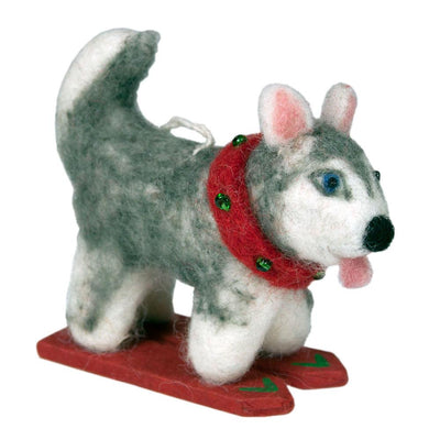 Handmade Skiing Husky and Santa Felt Ornaments, Set of 2
