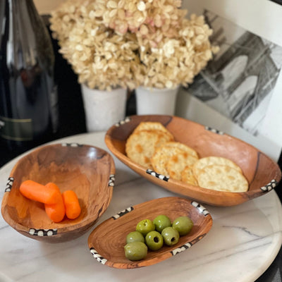 Nested Oval Olive Wood Serving Bowls with Bone Inlay Accent