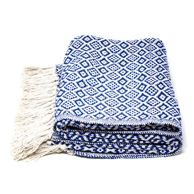 Recycled Cotton Decorative Throw Blanket with Tassels, Navy & White