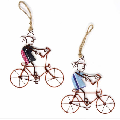 Recycled Wire Ornaments Bandana Bicycle Rider, Set of 2