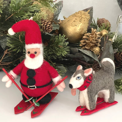 Handmade Skiing Husky and Santa Felt Ornaments, Set of 2