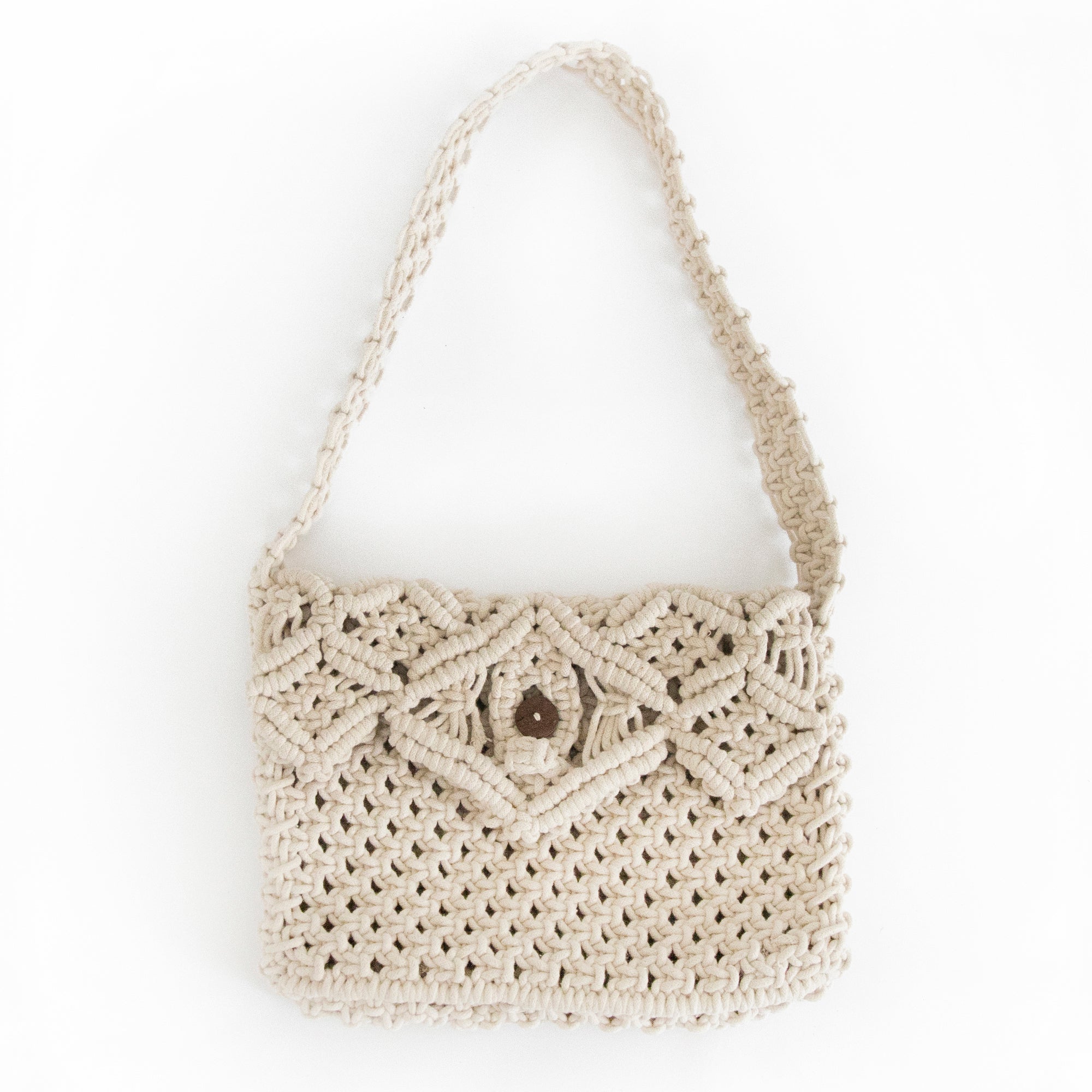 Macrame Shoulder Crossbody Bag, Cream with Button