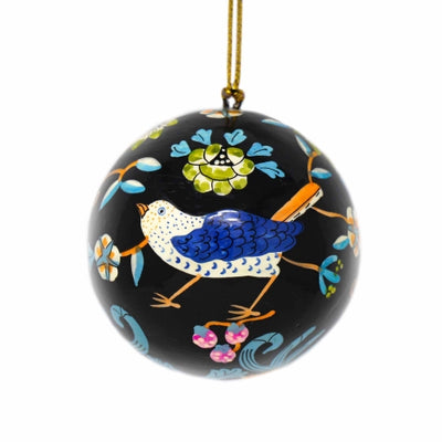 Handpainted Ornaments Birds and Flowers, Black, Set of 3