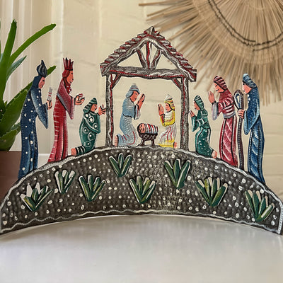 Curved Tabletop Painted Nativity on Grassy Knoll