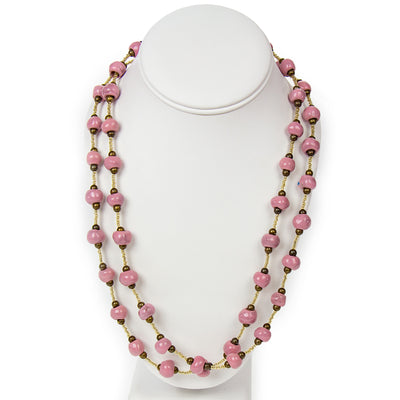 Handcrafted Clay Bead Long Necklace from Haitian Artisans, Pink