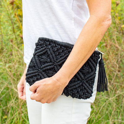 Macrame Clutch with Tassel, Black