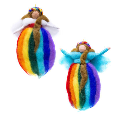 Rainbow Fairies Handmade Felt Ornaments, Set of 2 White and Blue Winged