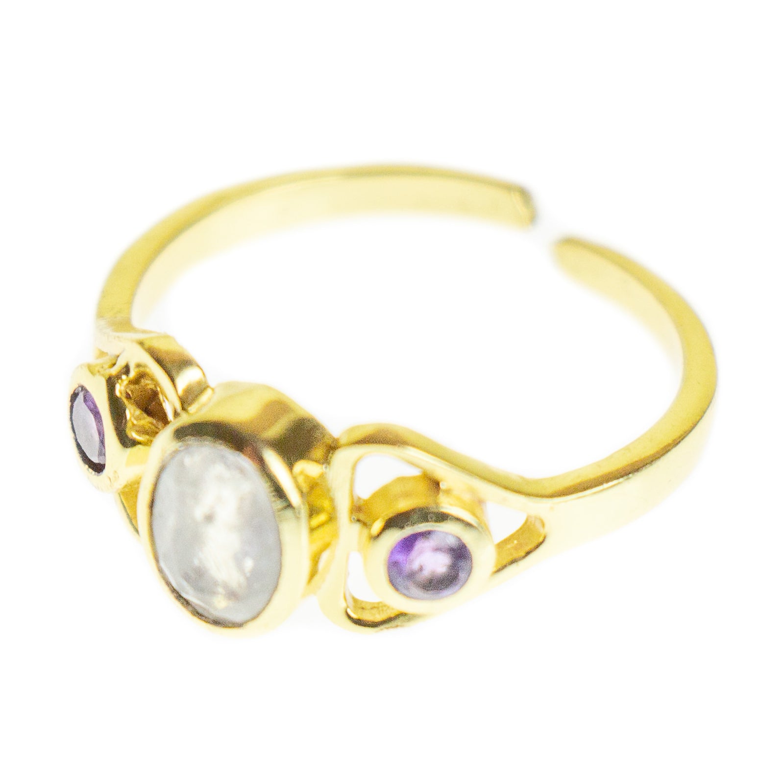Handmade Amethyst and Moonstone Three Stone 18K Gold-Plated Ring