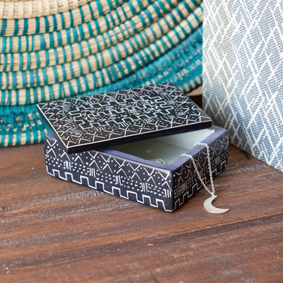 Soapstone Carved Box, Black Tribal Etching