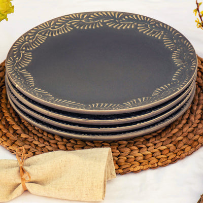 Encantada Handmade Mexican Pottery Set of 4 Dinner Plates, Gris