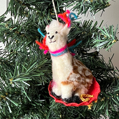 Handmade Sledding Llama Felt Ornament