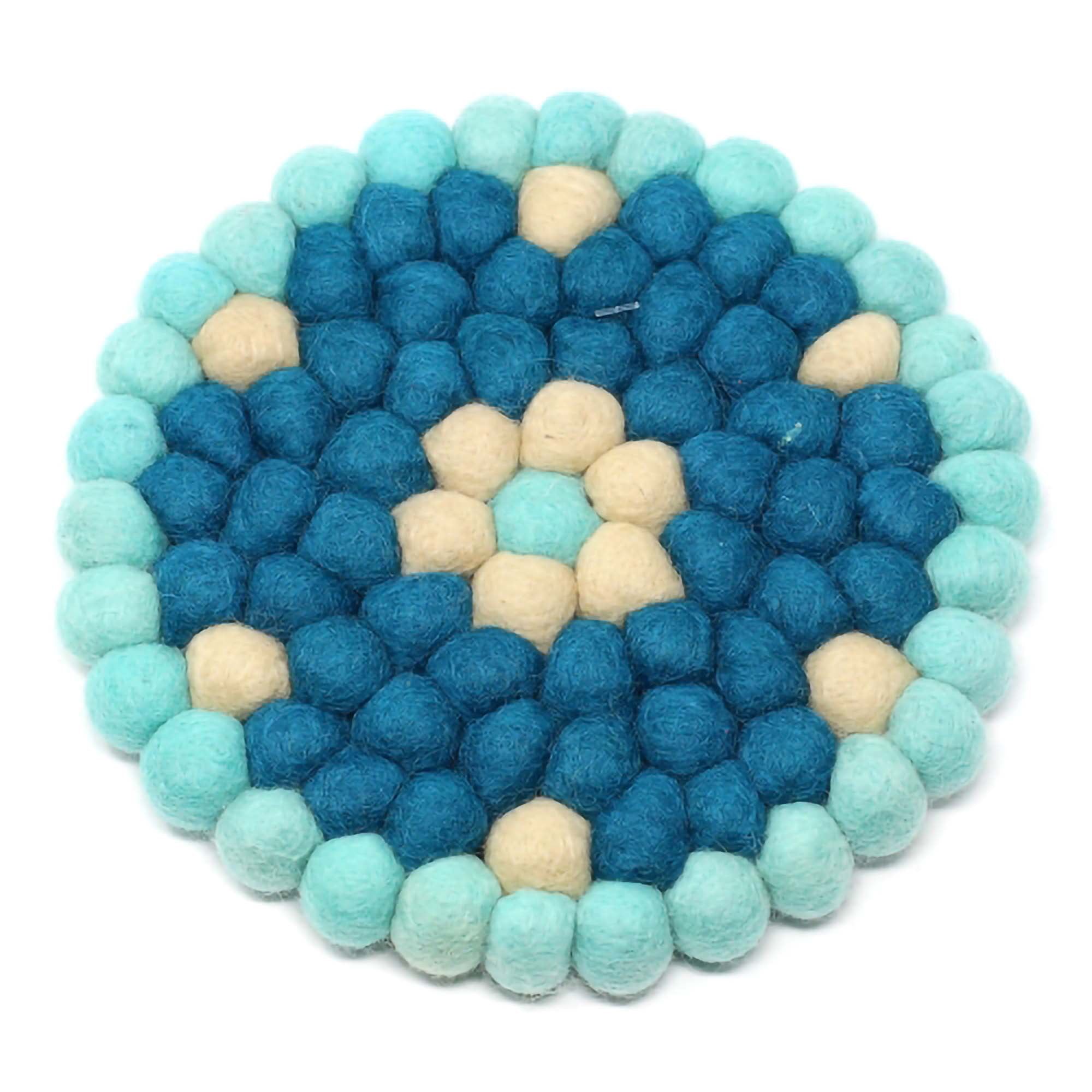 Felt Ball Trivets: Round Flower Design, Turquoise