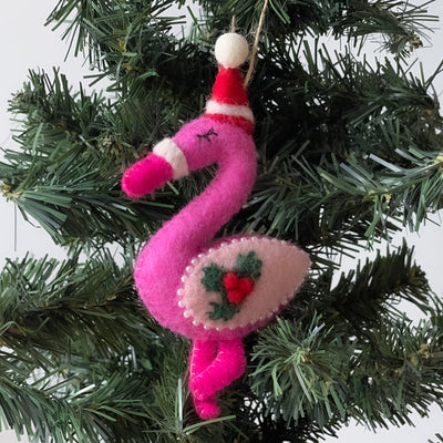 Flamingo Santa Handmade Felt Ornaments, Set of 2