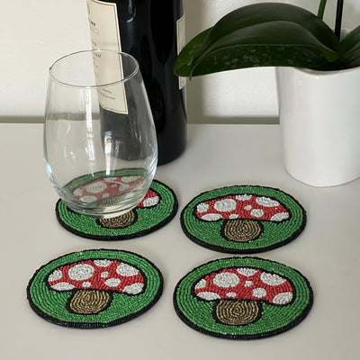 Bright Mushroom Hand Embroidered Glass Bead Coasters, Set of 4