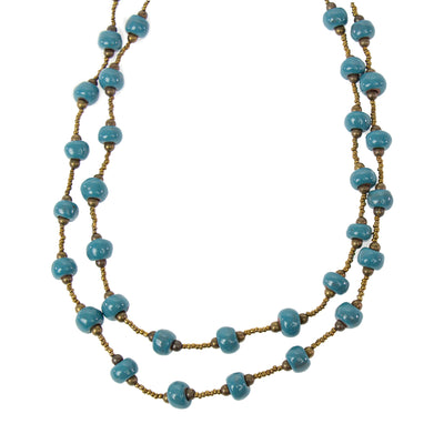 Handcrafted Clay Bead Long Necklace from Haitian Artisans, Blue