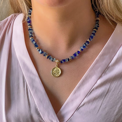 Handmade Blue Glass Pendant Choker Necklace with Golden Pendant