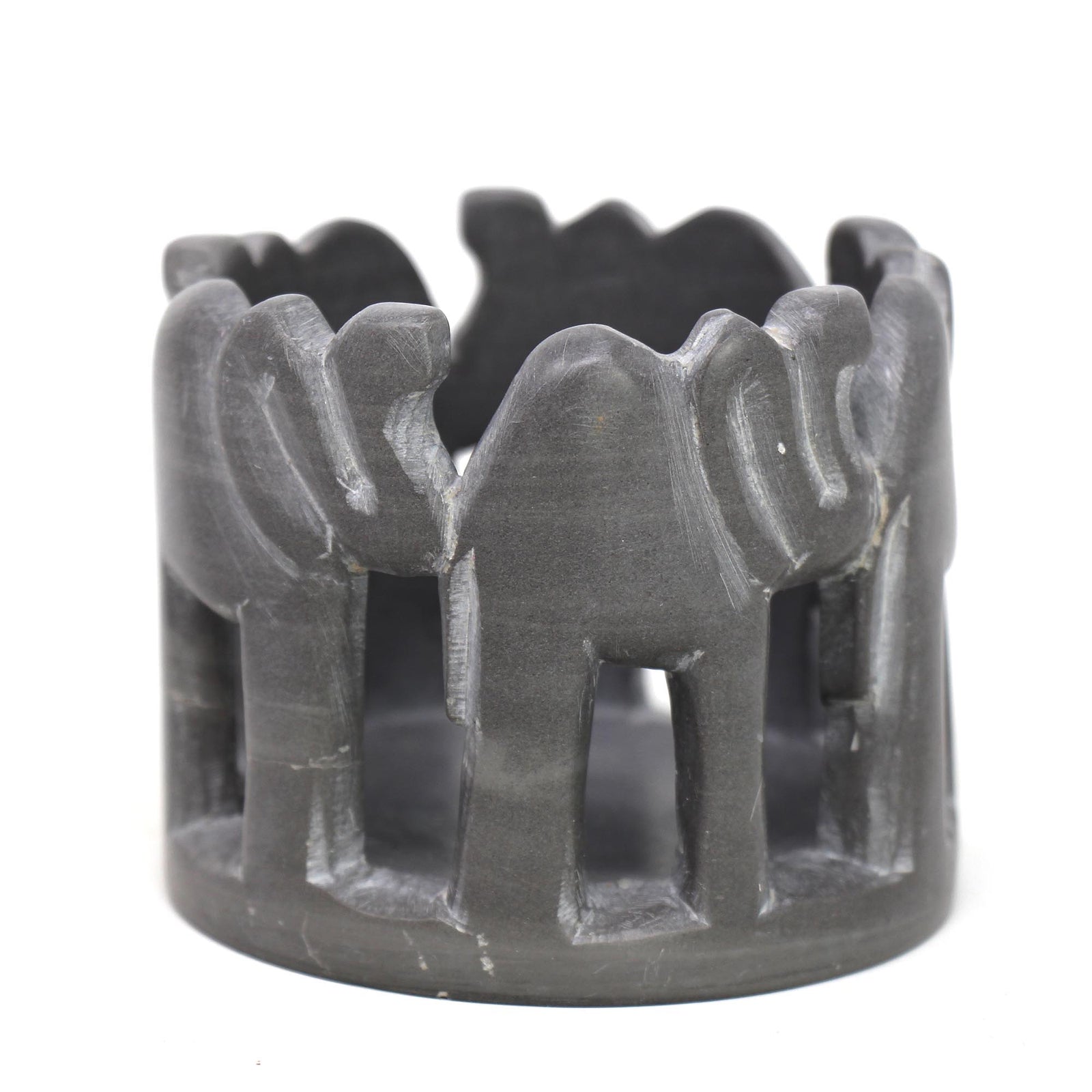 Circle of Elephants Soapstone Sculpture, 3 to 3.5-inch - Gray Stone