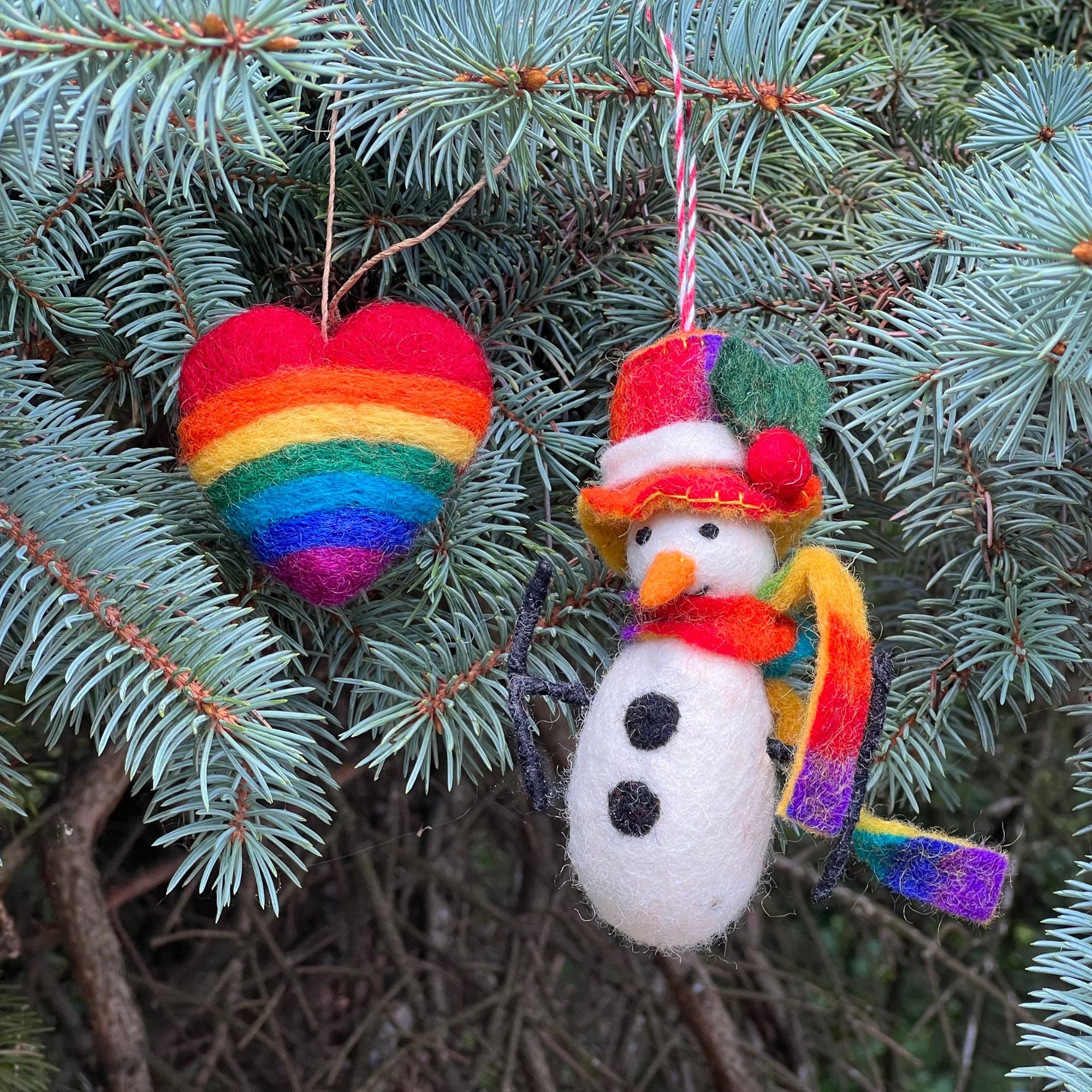 Snowman and Rainbow Heart Handmade Felt Ornaments, Set of 2