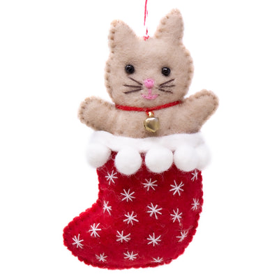 Holly Mittens and Kitten in Stocking Handmade Felt Ornaments, Set of 2