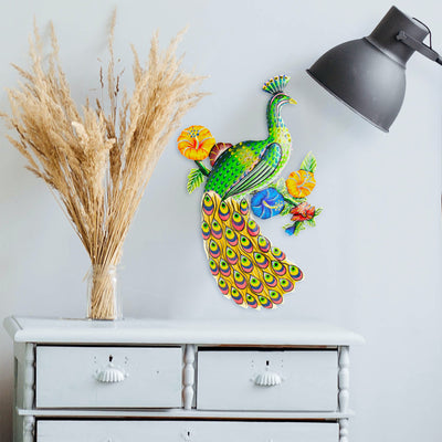 Peacock and Hibiscus Painted Haitian Steel Drum Wall Art