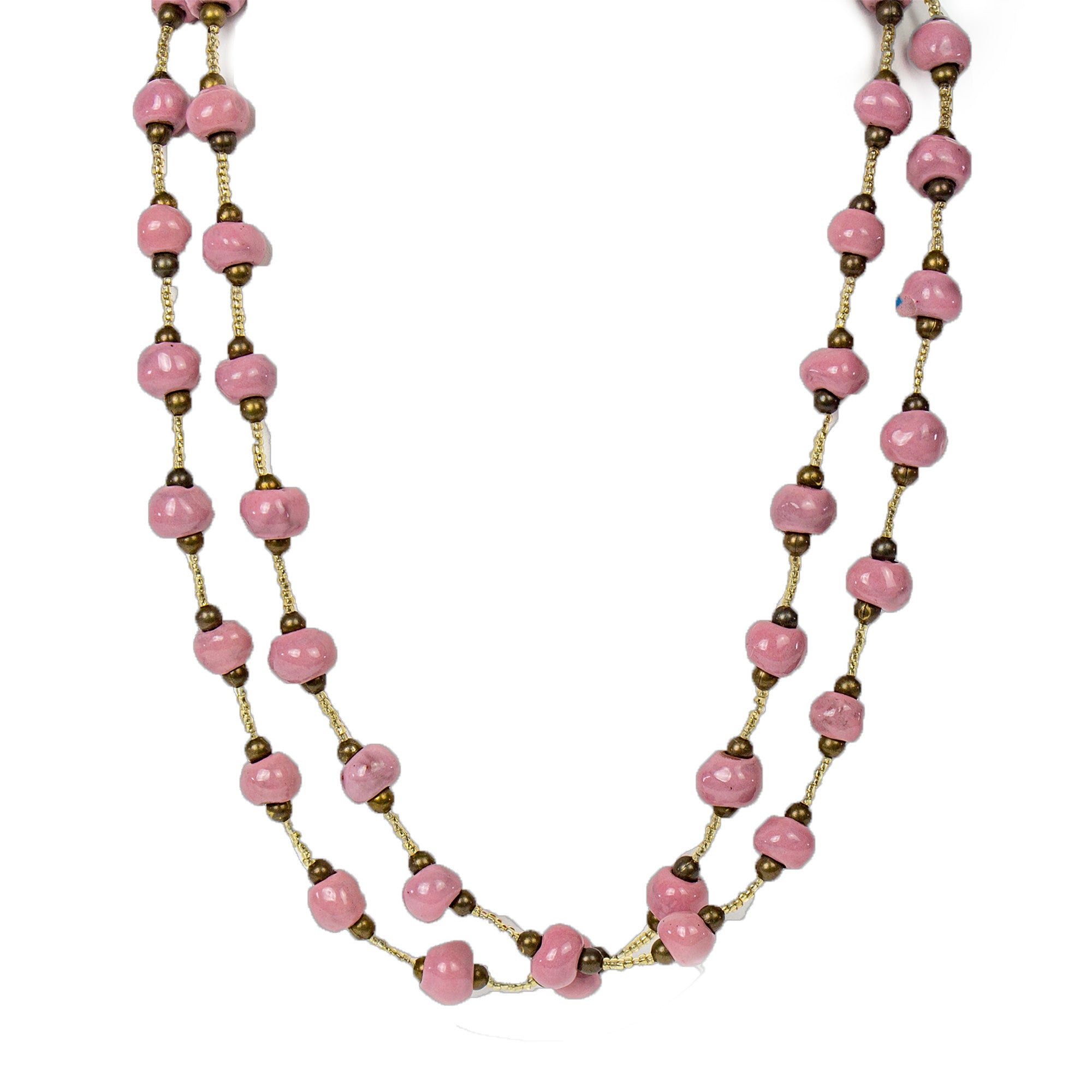 Handcrafted Clay Bead Long Necklace from Haitian Artisans, Pink