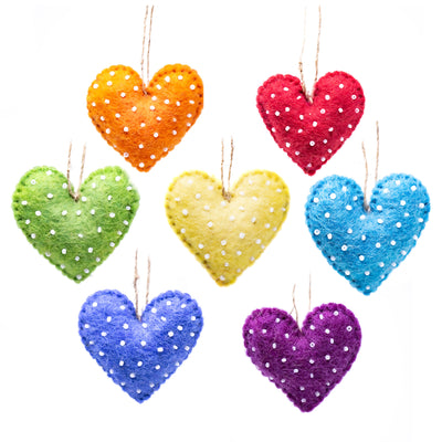 Handmade Rainbow Hearts Handmade Felt Ornaments, Set of 7