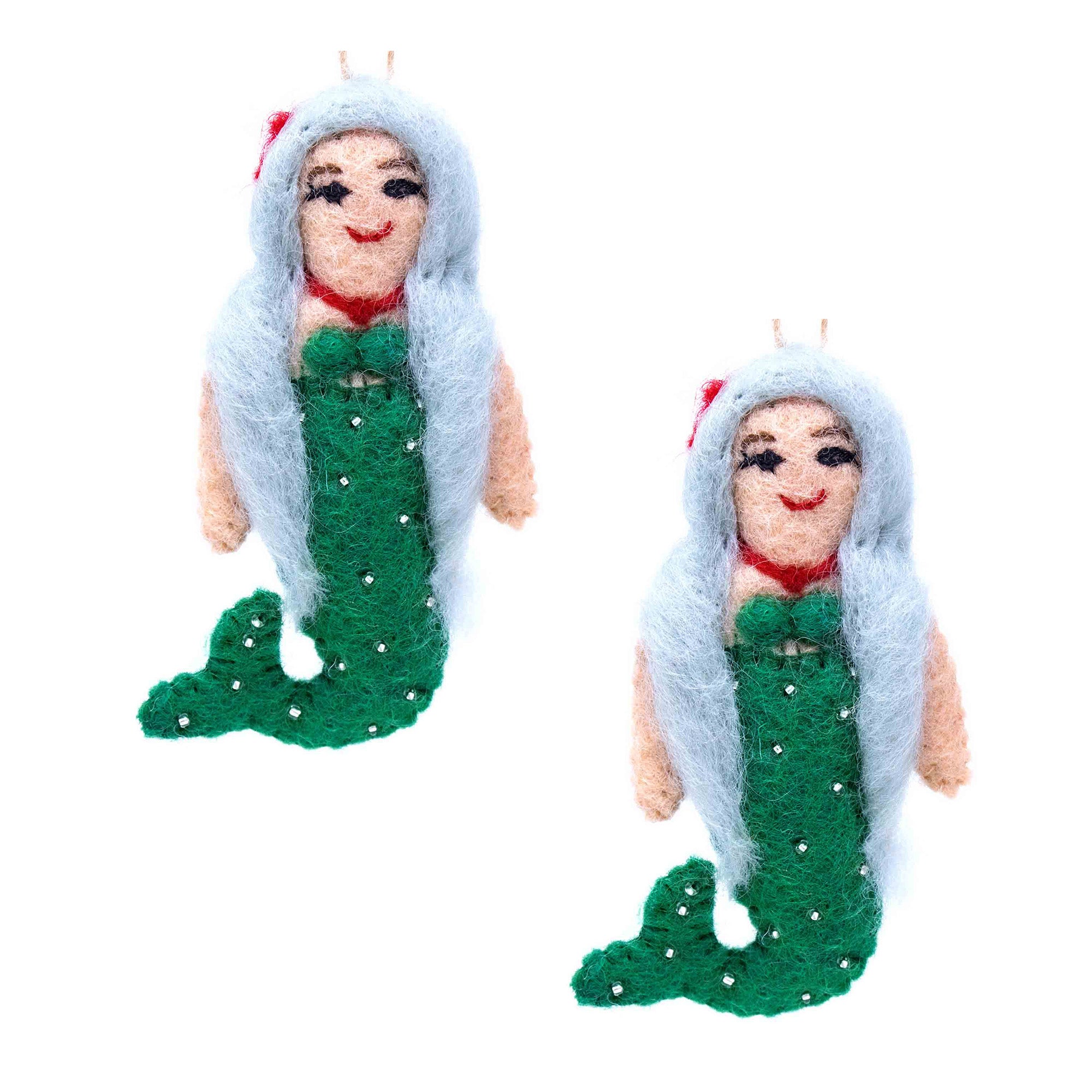 Holiday Mermaid Handmade Felt Ornaments, Set of 2