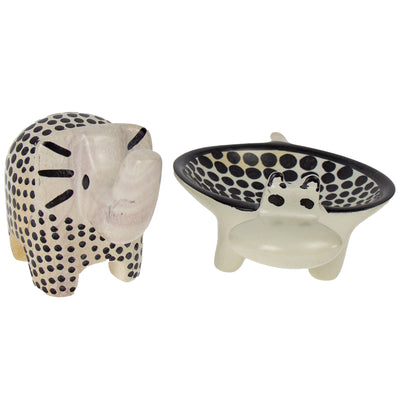 Soapstone Mudcloth Design Safari Elephant and Hippo Bowl Set