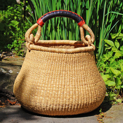 Bolga Pot Basket, Natural with Neutral Handle
