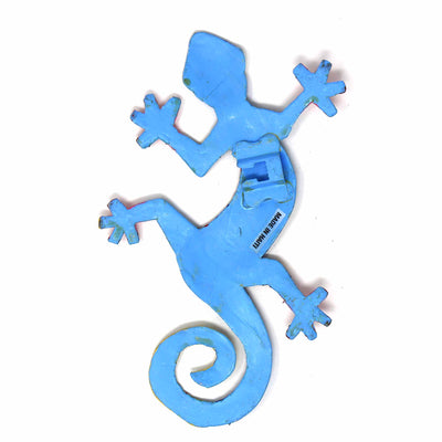 Eight inch Painted Gecko Recycled Haitian Metal Wall Art Blue-Greens Red Eye