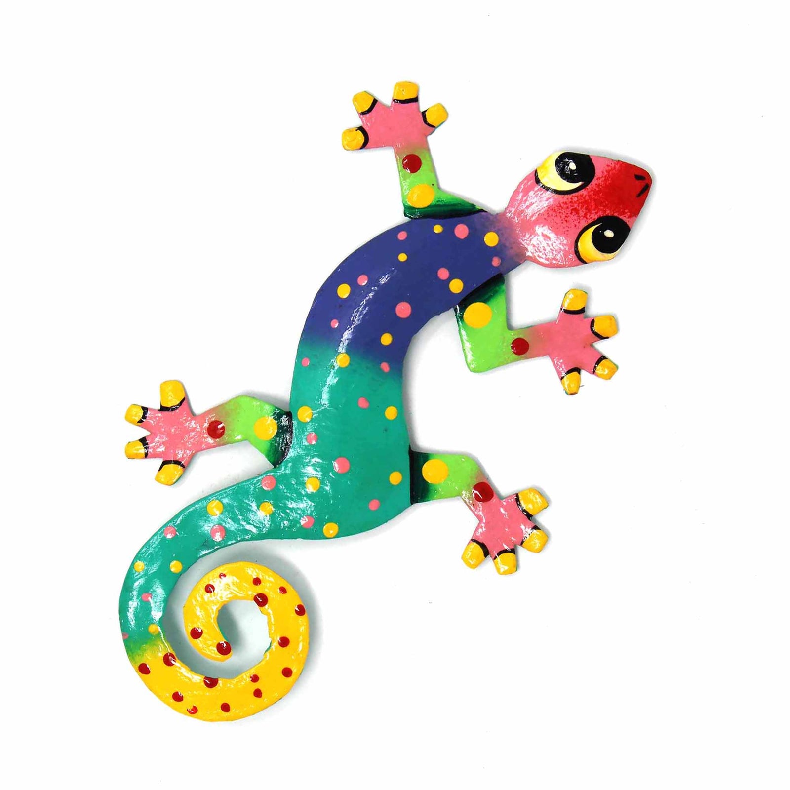Eight inch Painted Gecko Recycled Haitian Metal Wall Art Blue-Greens Blue Green with Pink Head