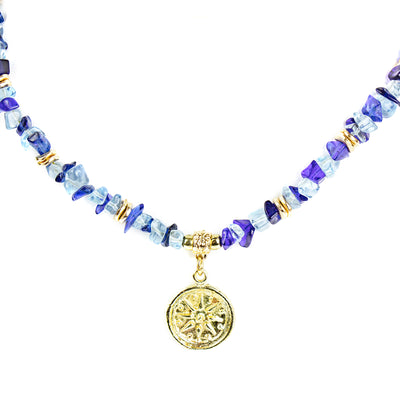 Handmade Blue Glass Pendant Choker Necklace with Golden Pendant