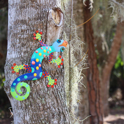 13 inch Painted Metal Drum Art Gecko - Florida Design