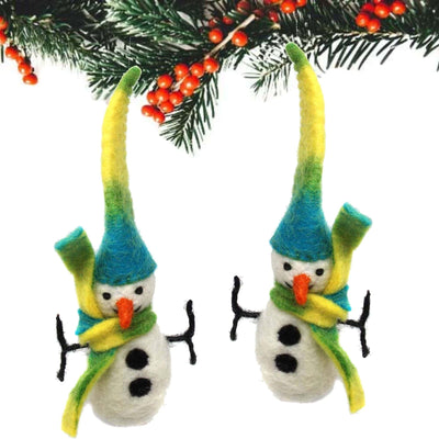 Icy Winter Snowman Felt Ornament, Set of 2