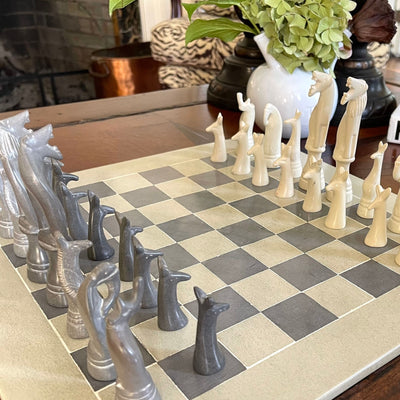 Hand Carved Soapstone Safari Animal Chess Set (Grey)