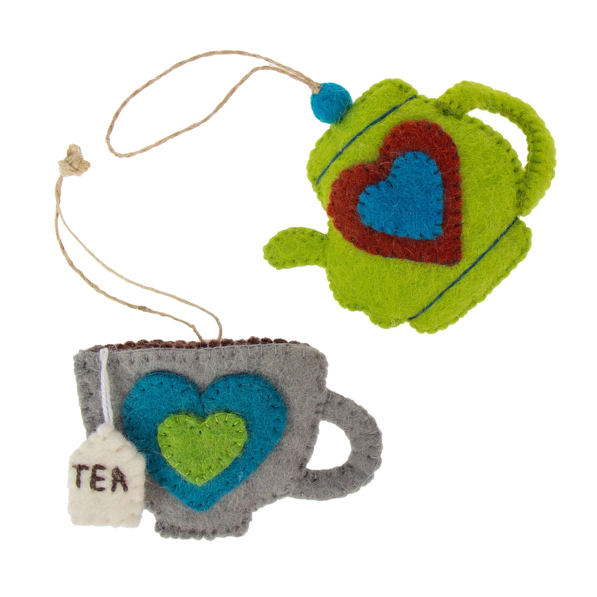 Handcrafted Felt Tea Pot & Tea Cup Ornament Set, Avocado Green