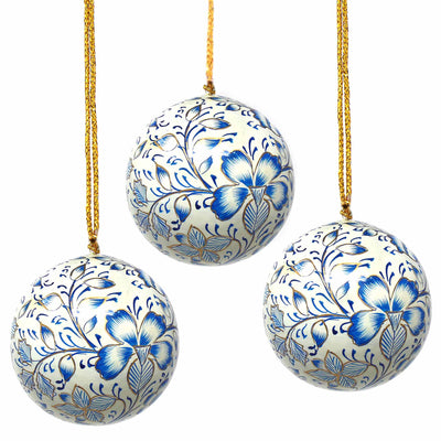 Handpainted Ornaments, Blue Floral, Set of 3
