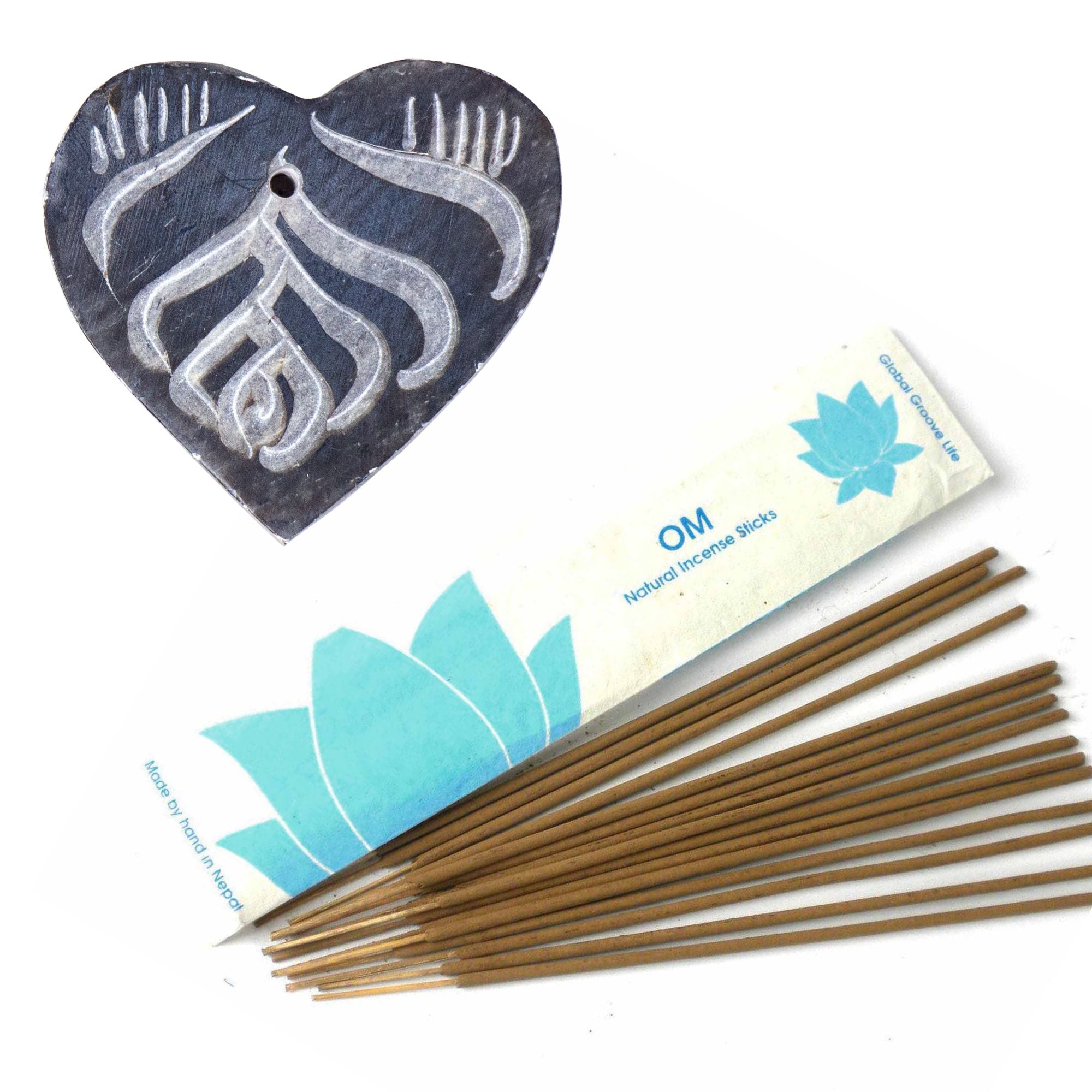 Grey Heart Soapstone Incense Holder with Om Incense Sticks